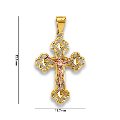Two Tone Gold Milgrain Lattice with Diamond Cut Accents Trefoil Crucifix Cross Pendant with Measurement