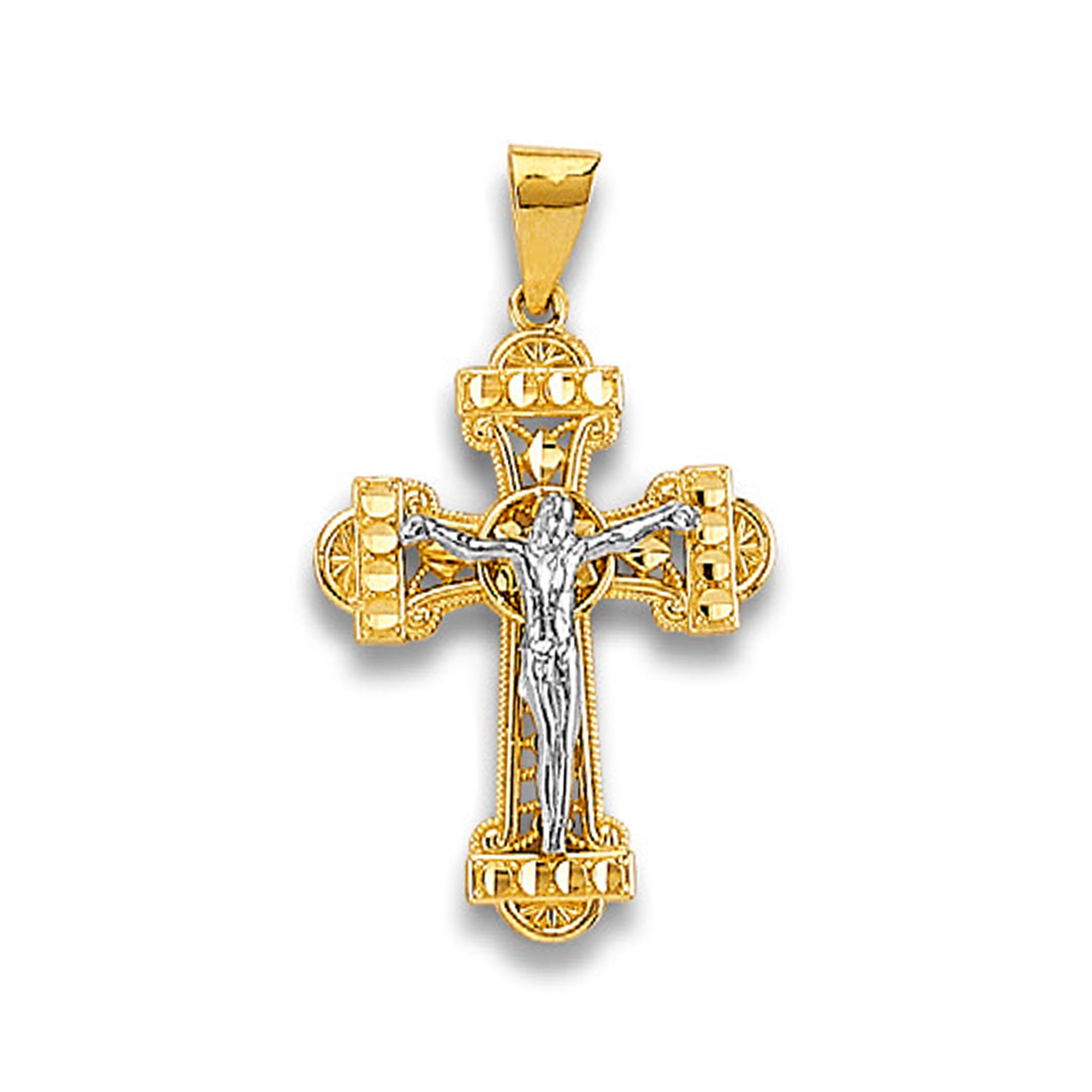 Two Tone Gold Milgrain &amp; Filigree with Diamond Cut Bands Trefoil Crucifix Cross Pendant