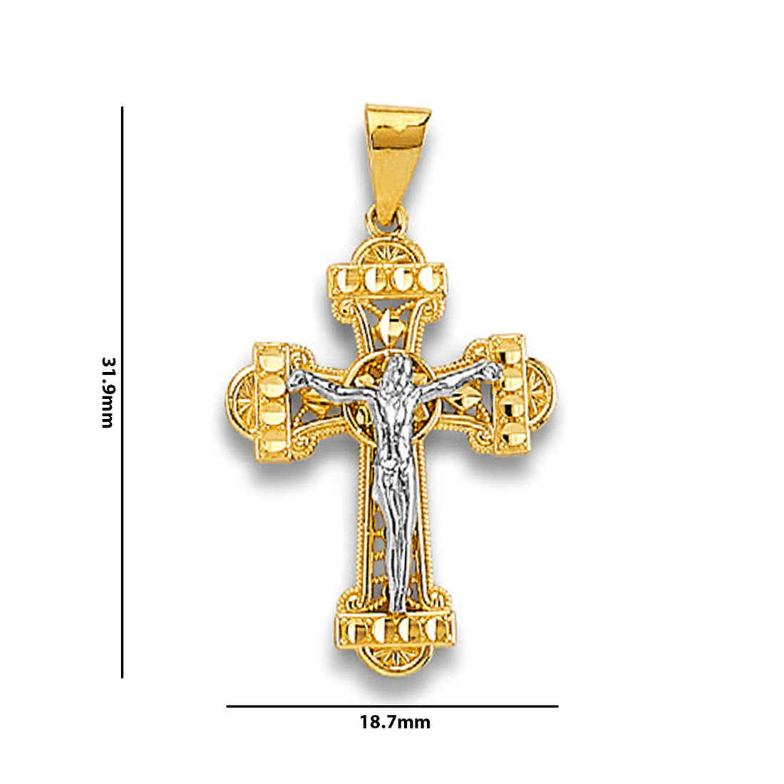 Two Tone Gold Milgrain &amp; Filigree with Diamond Cut Bands Trefoil Crucifix Cross Pendant with Measurement