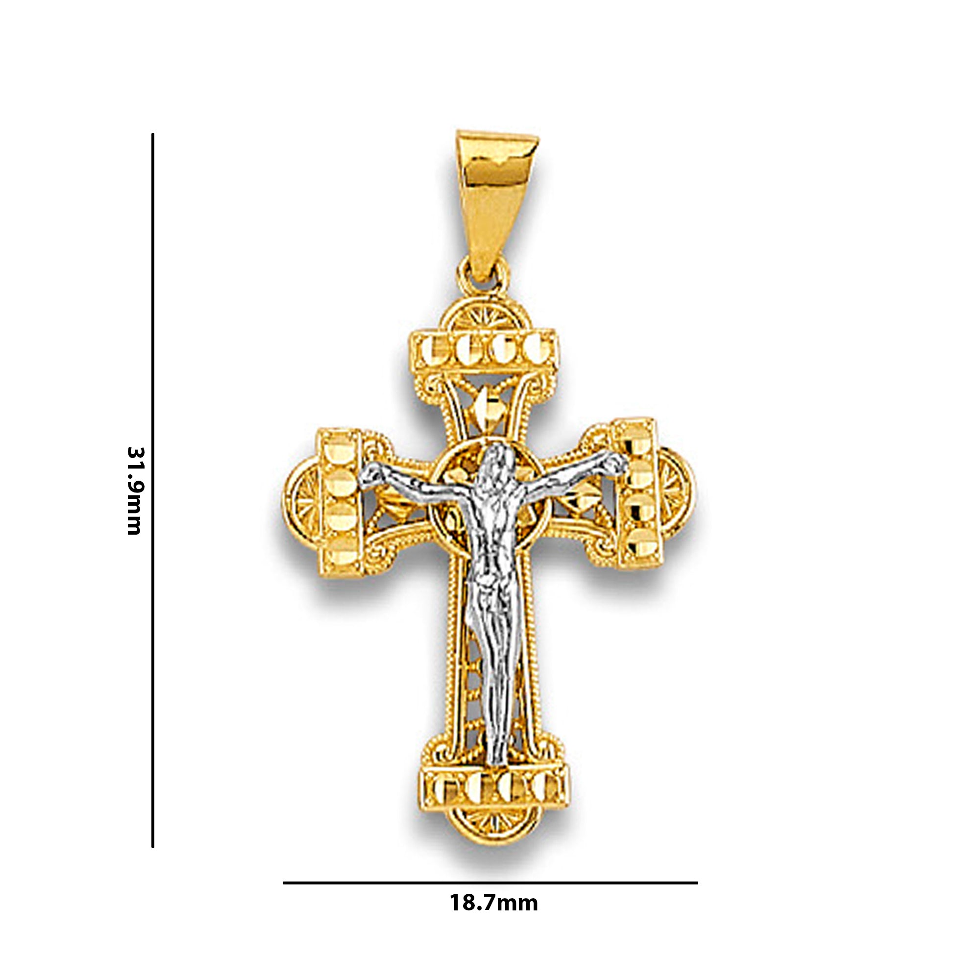 Two Tone Gold Milgrain &amp; Filigree with Diamond Cut Bands Trefoil Crucifix Cross Pendant with Measurement