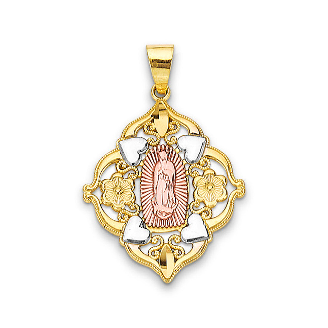 Tri Tone Gold Hearts and Flowers Delicate Lady of Guadalupe Pendant