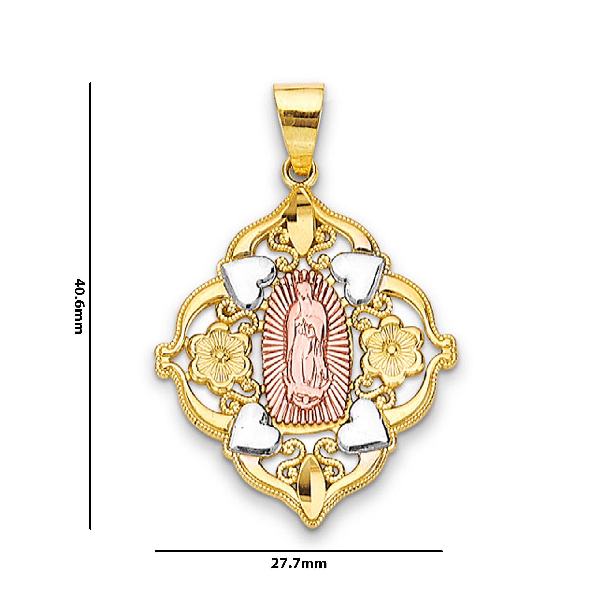 Tri Tone Gold Hearts and Flowers Delicate Lady of Guadalupe Pendant with Measurement