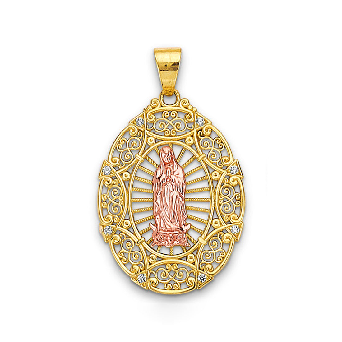 Two Tone Gold Round CZ Studded Our Lady of Guadalupe Religious Pendant