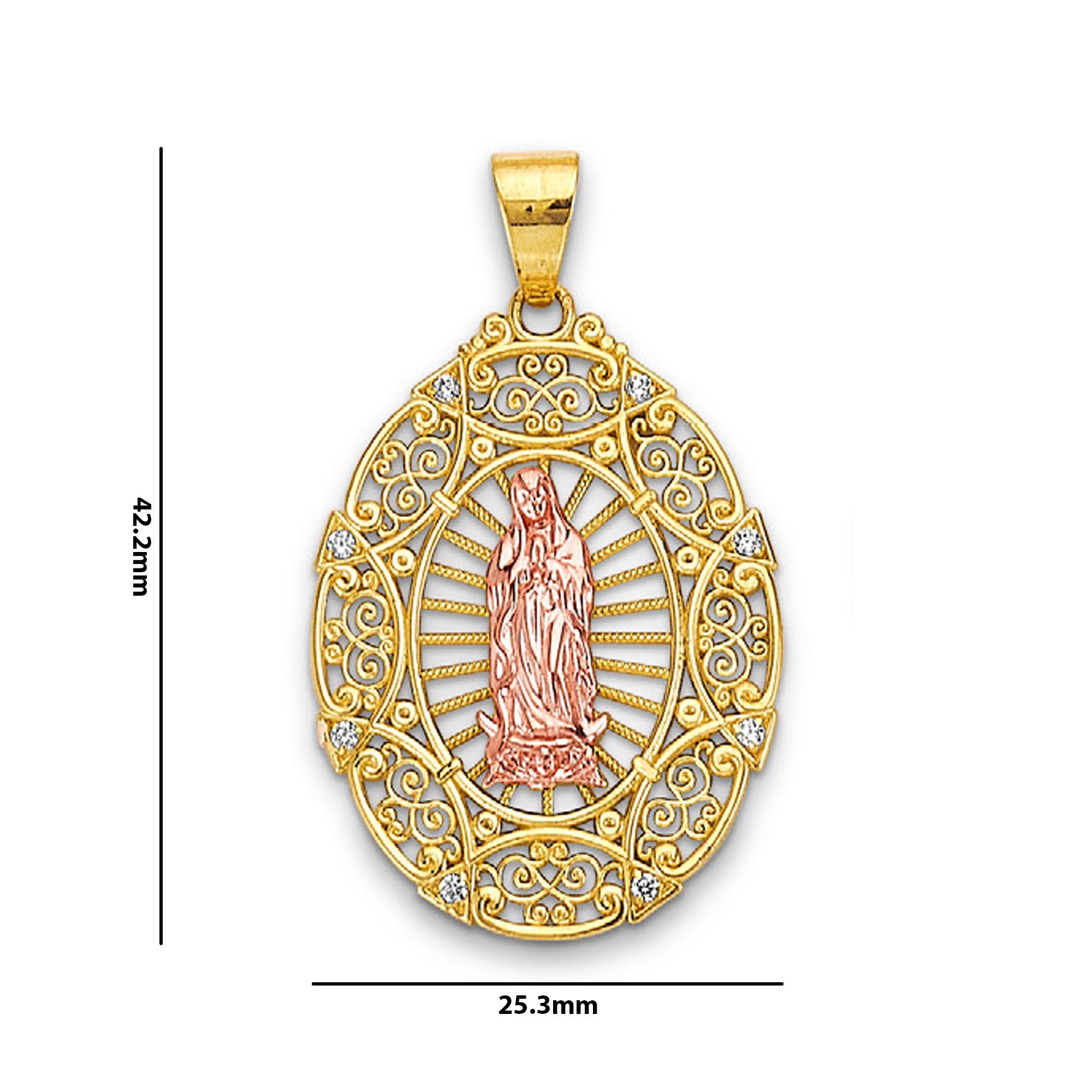 Two Tone Gold Round CZ Studded Our Lady of Guadalupe Religious Pendant with Measurement