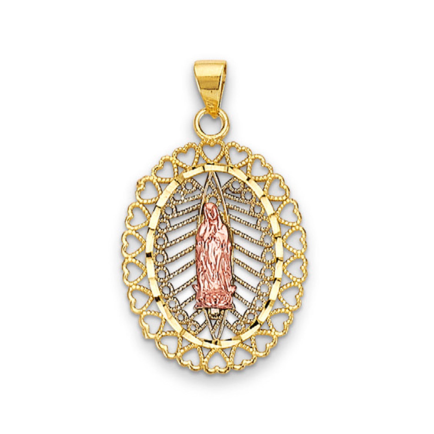 Two Tone Gold Open Heart Border Lady of Guadalupe Pendant 