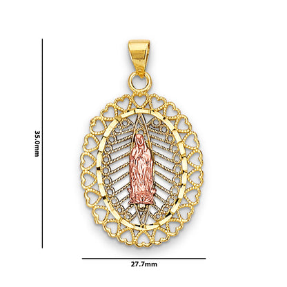 Two Tone Gold Open Heart Border Lady of Guadalupe Pendant  with Measurement