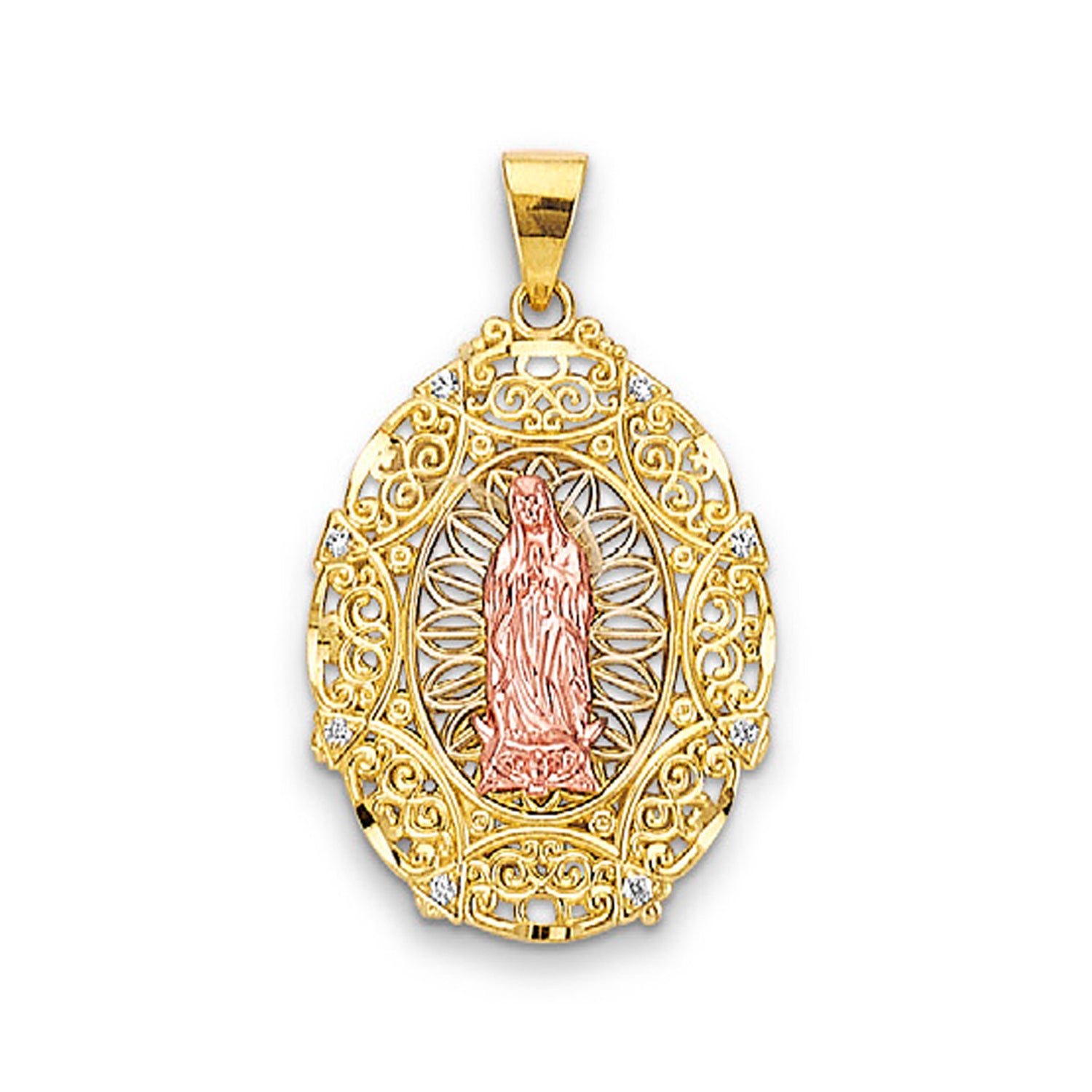 Two Tone Gold Intricately Designed Lady of Guadalupe Studded Pendant