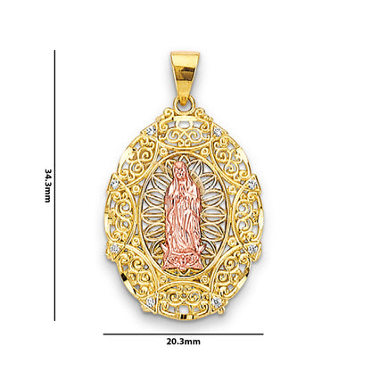 Two Tone Gold Intricately Designed Lady of Guadalupe Studded Pendant with Measurement