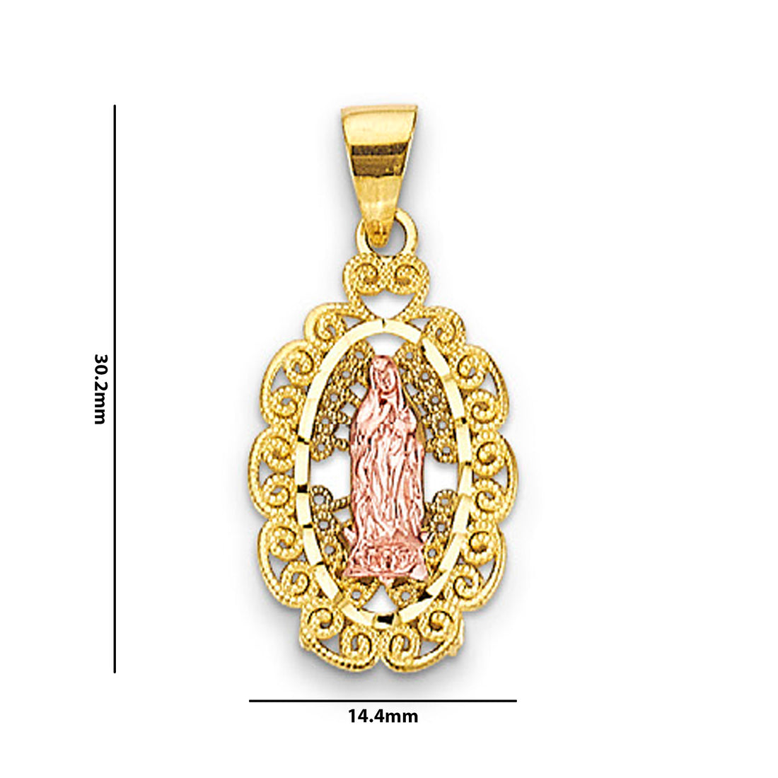 Two Tone Gold Oval Lady of Guadalupe Religious Pendant with Measurement