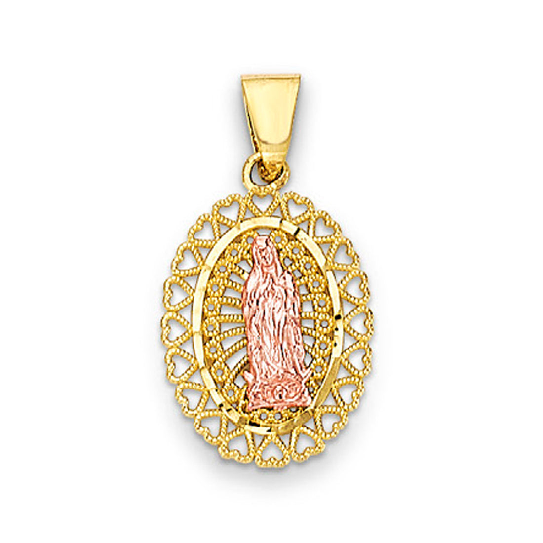 Two Tone Gold Oval Open Heart Border Lady of Guadalupe Pendant