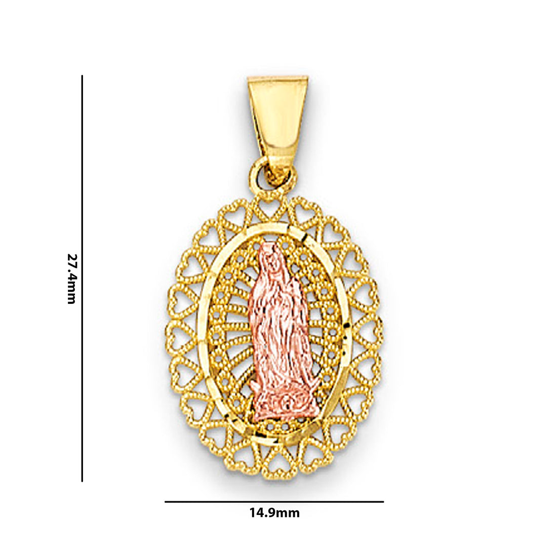 Two Tone Gold Oval Open Heart Border Lady of Guadalupe Pendant with Measurement