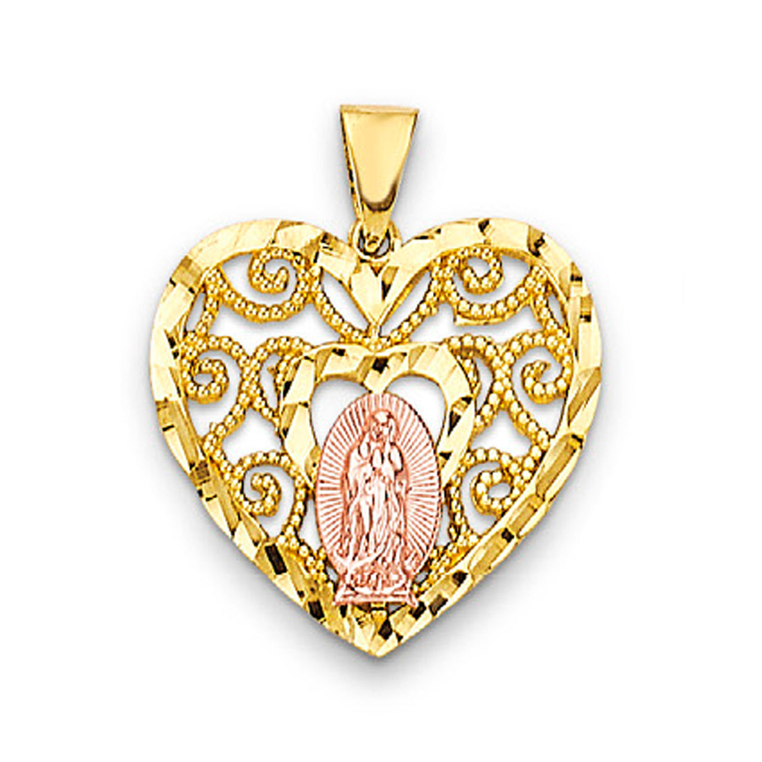 Two Tone Gold Heart Backdrop Filigree Lady of Guadalupe Pendant