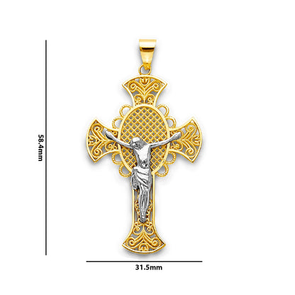 Two Tone Gold Cutout Milgrain Filigree Circular Crucifix Cross Pendant with Measurement