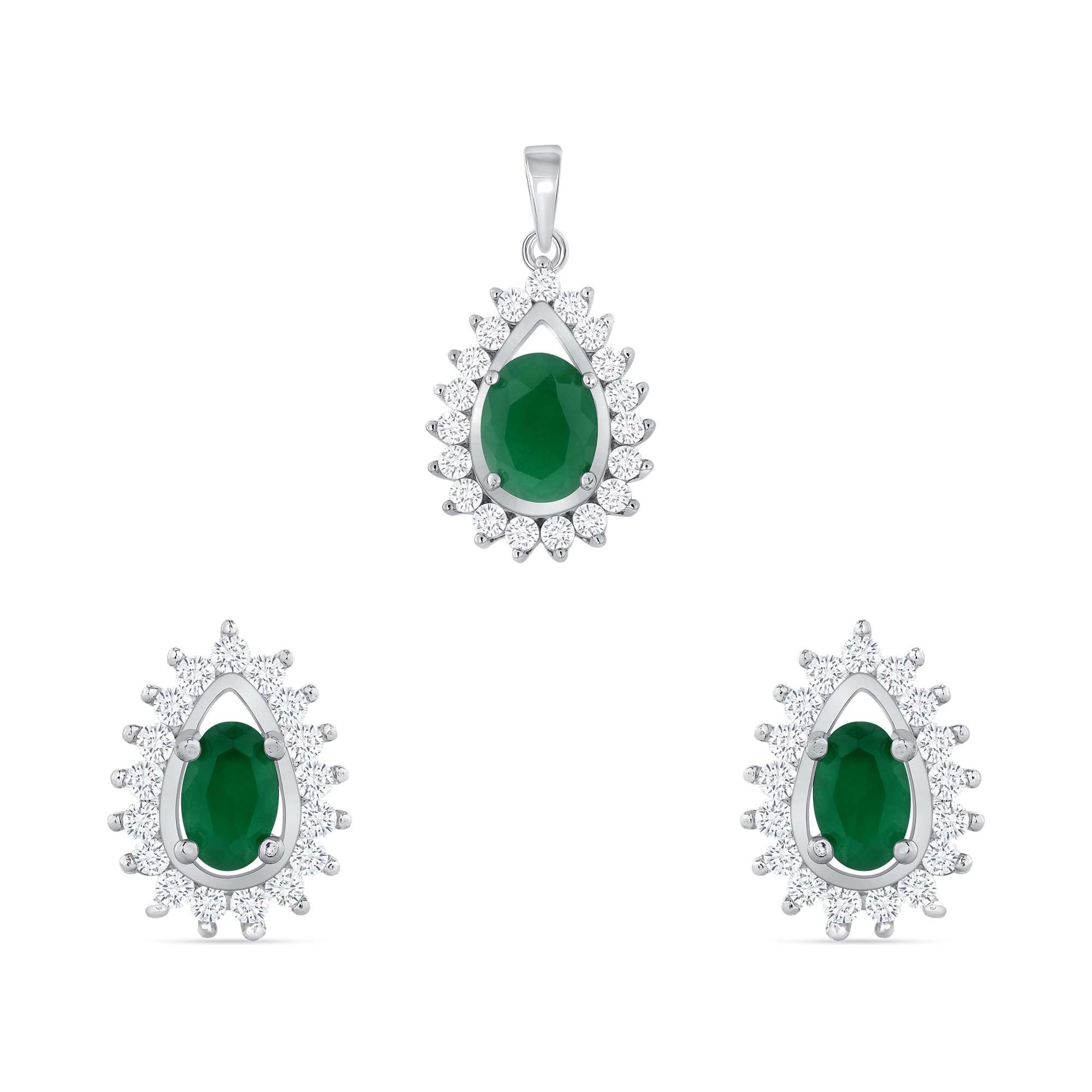 925 Sterling Silver Oval Cut Green CZ with White CZ Pointed Halo Teardrop Pendant &amp; Earrings Jewelry Set