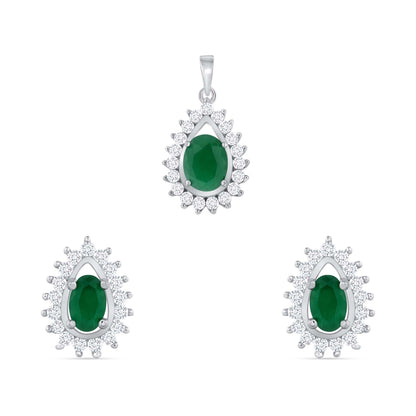 925 Sterling Silver Oval Cut Green CZ with White CZ Pointed Halo Teardrop Pendant &amp; Earrings Jewelry Set