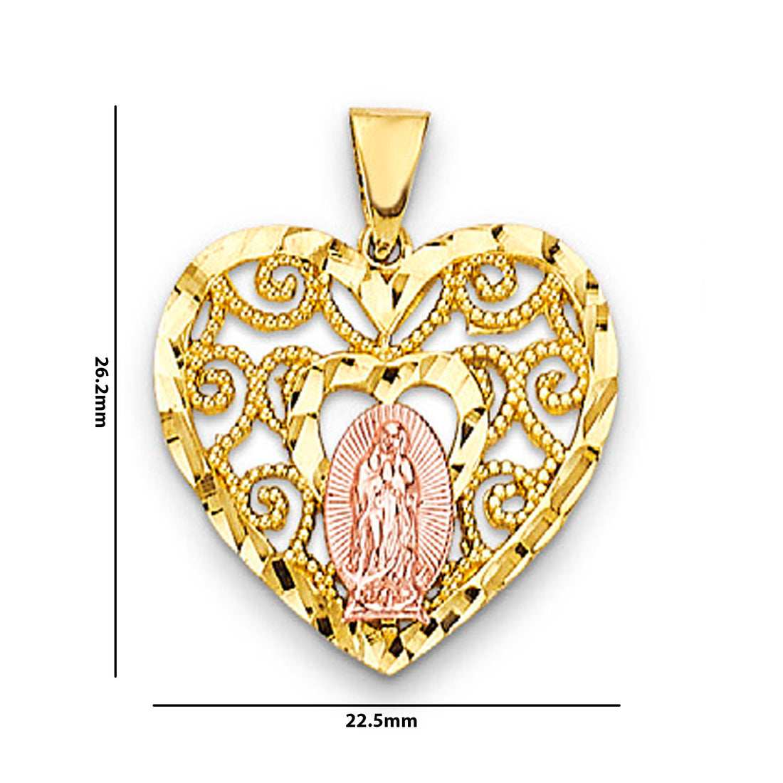 Two Tone Gold Heart Backdrop Filigree Lady of Guadalupe Pendant with Measurement