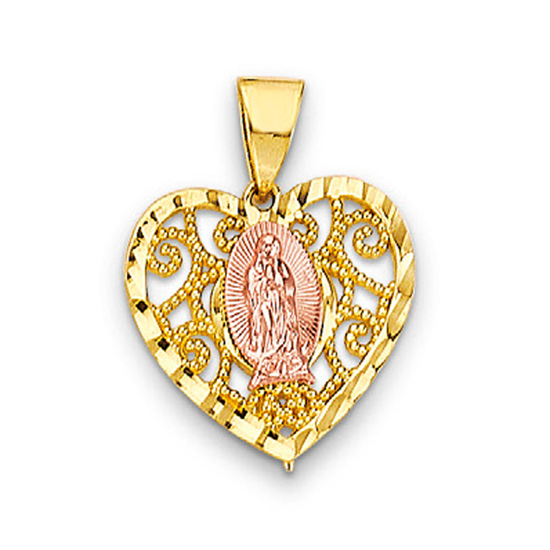 Two Tone Gold Heart Shaped Lady of Guadalupe Pendant