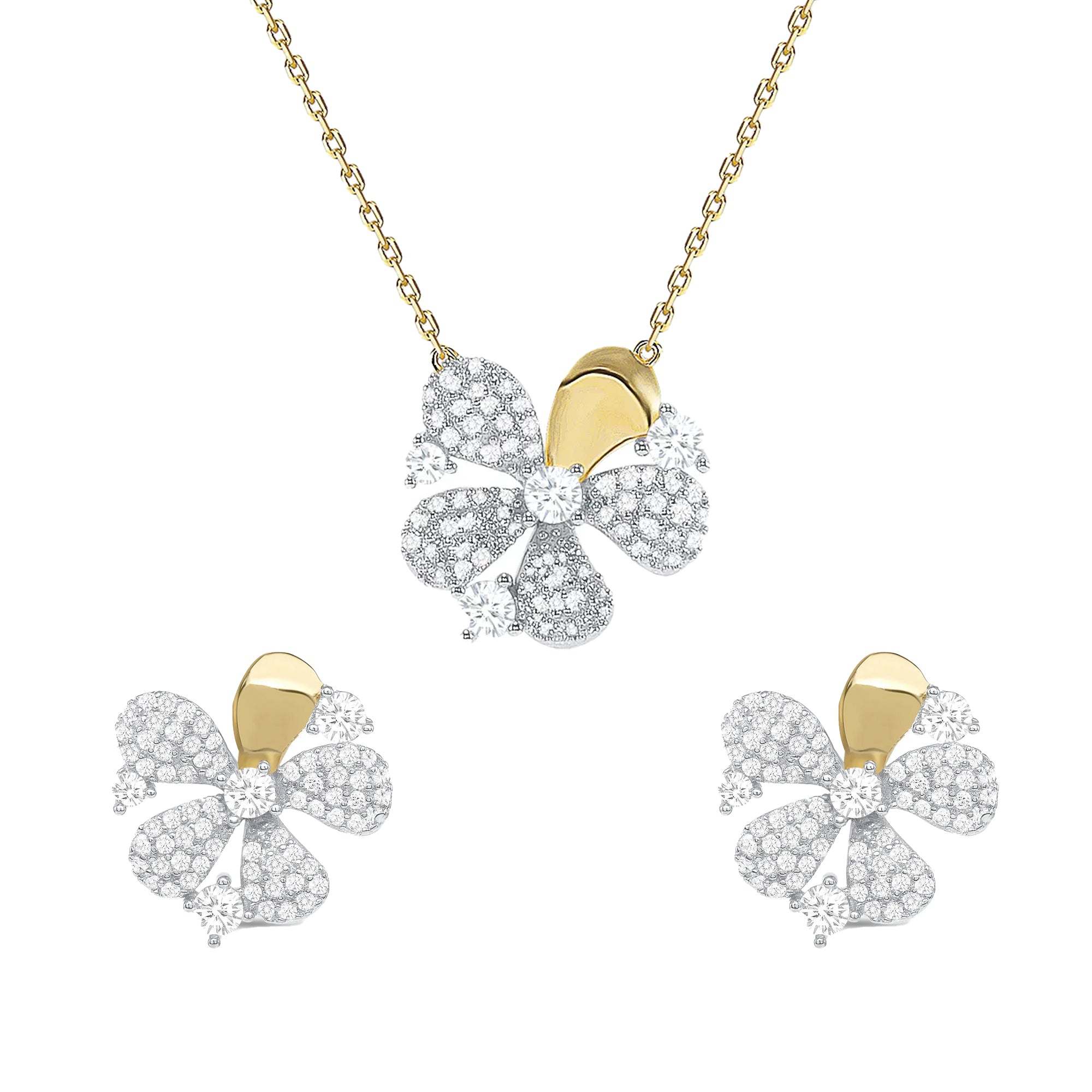 925 Sterling Silver Round Cut CZ Accented Two Tone Flower Pendant &amp; Stud Earrings Jewelry Set