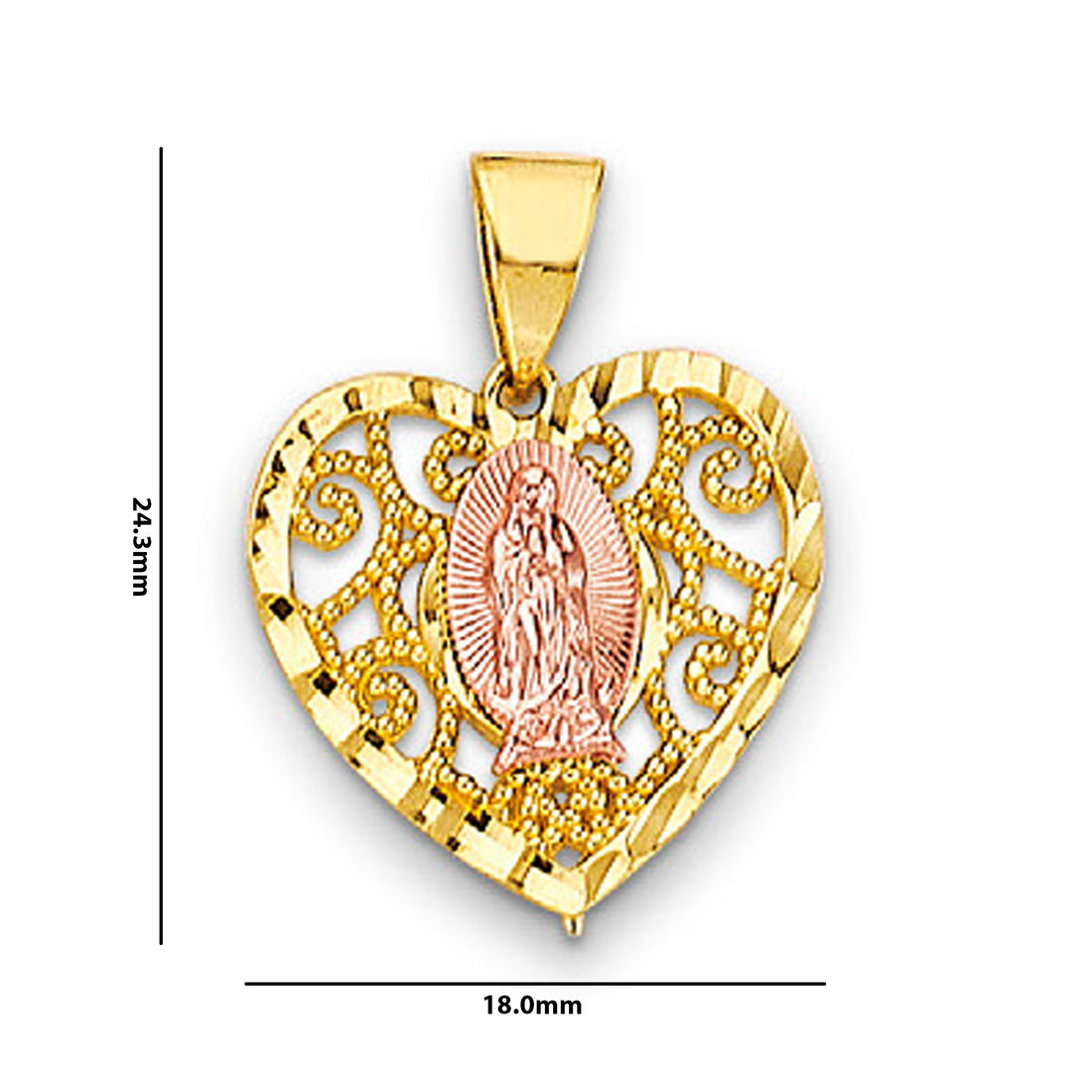 Two Tone Gold Heart Shaped Lady of Guadalupe Pendant with Measurement