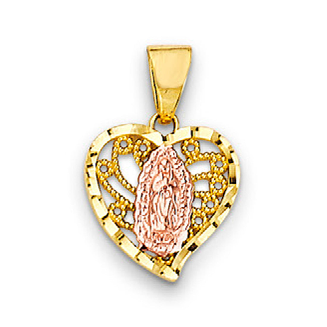 Two Tone Gold Leaf Heart Shaped Lady of Guadalupe Pendant