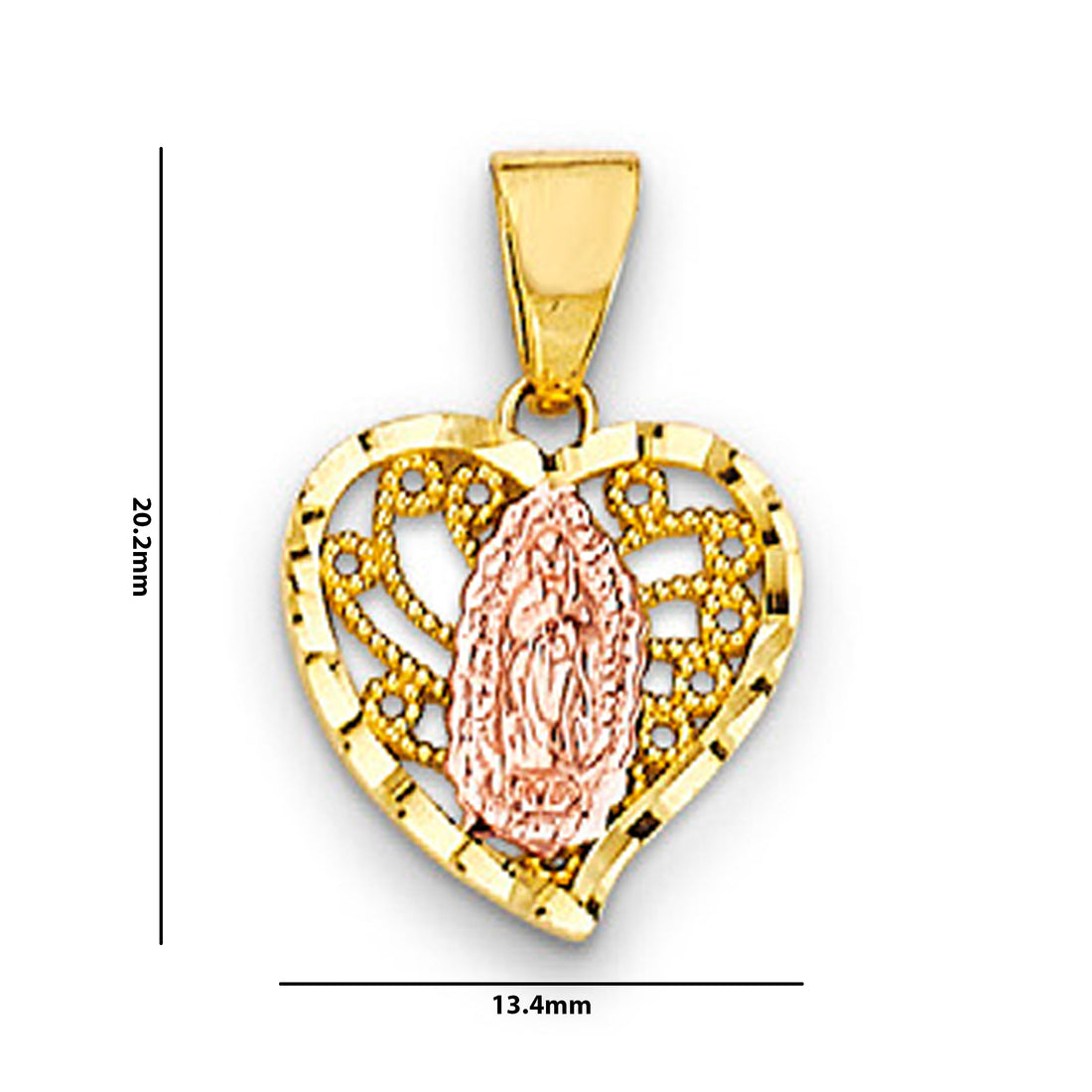 Two Tone Gold Leaf Heart Shaped Lady of Guadalupe Pendant