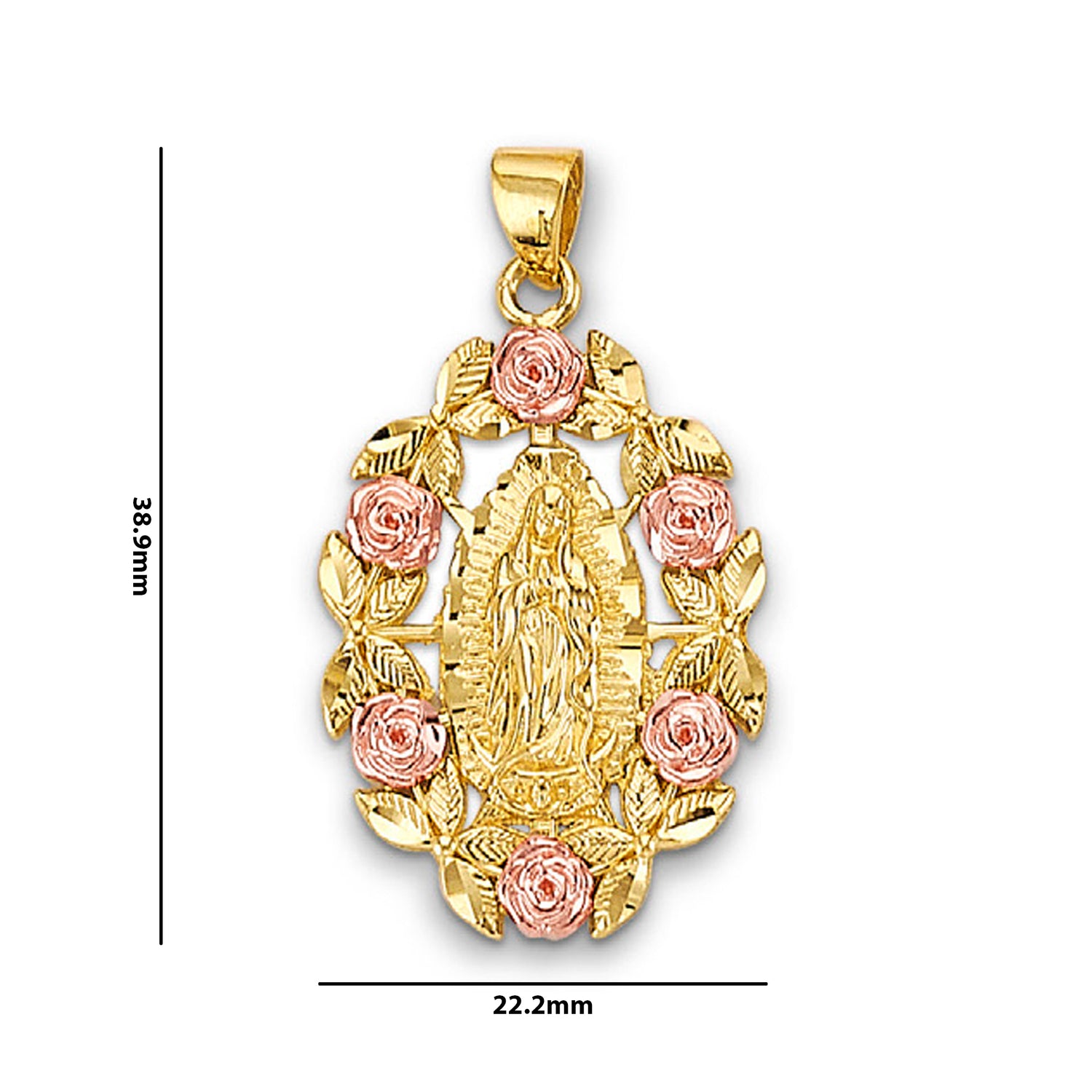 Two Tone Gold Rose Border Lady of Guadalupe Religious Pendant with Measurement