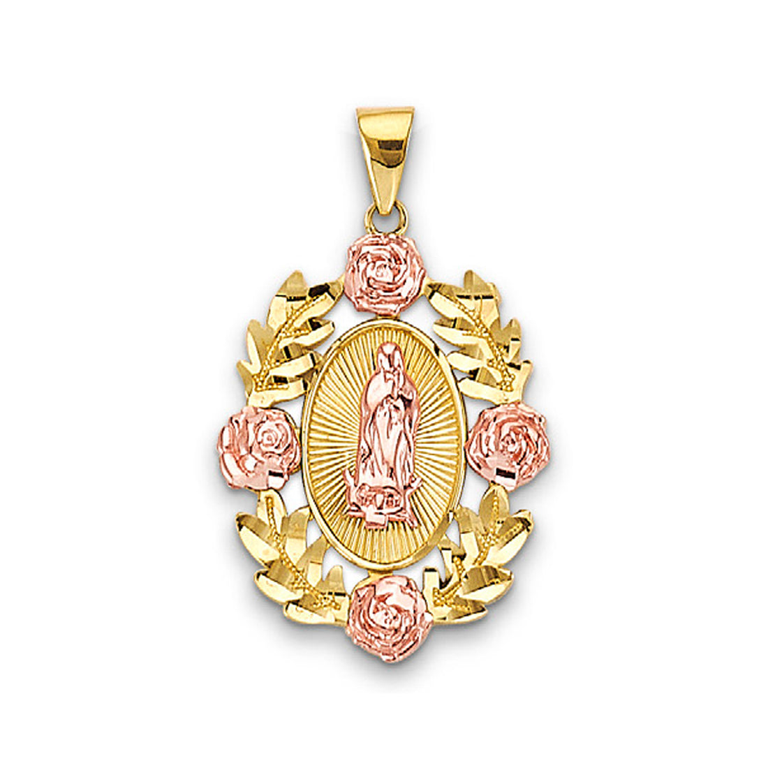 Two Tone Gold Floral Halo Lady of Guadalupe Pendant