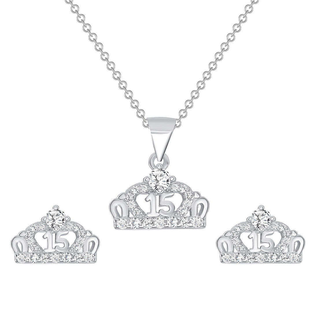 925 Sterling Silver Round Cut CZ Accented 15 Crown Pendant &amp; Stud Earrings Jewelry Set