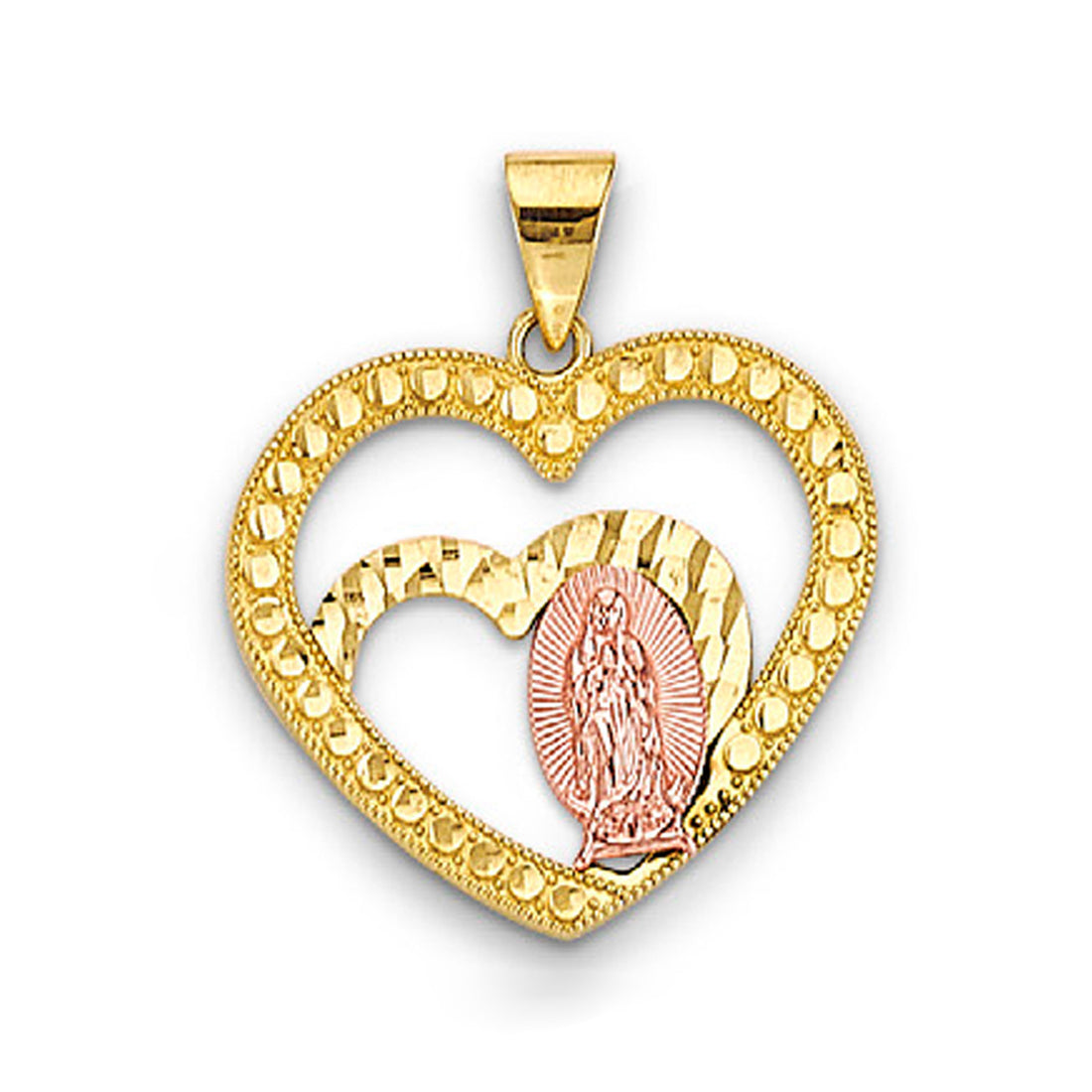 Two Tone Gold Open Double Heart Heart Lady of Guadalupe Pendant