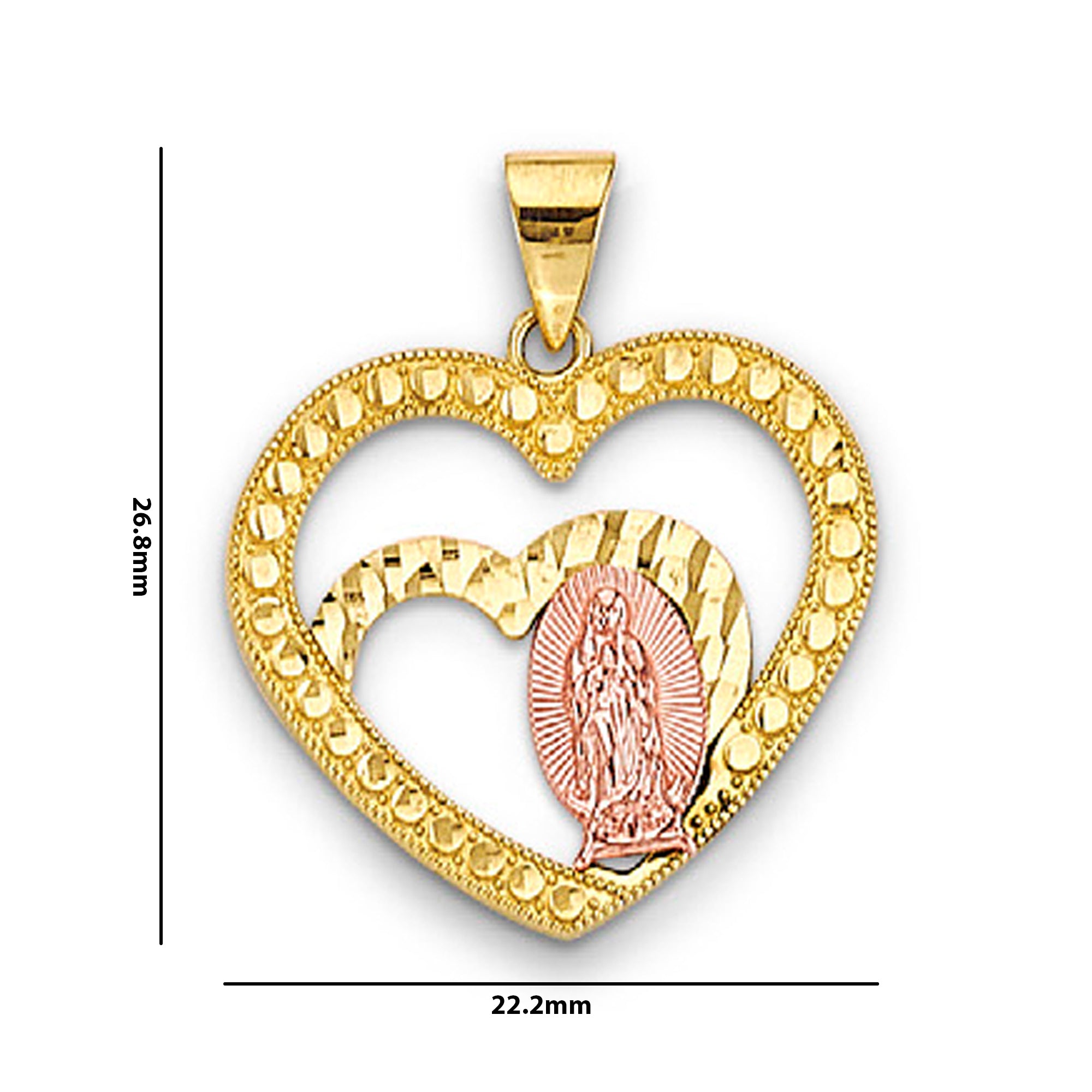 Two Tone Gold Open Double Heart Heart Lady of Guadalupe Pendant with Measurement