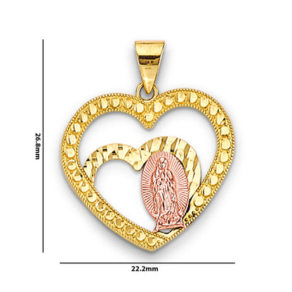 Two Tone Gold Open Double Heart Heart Lady of Guadalupe Pendant with Measurement