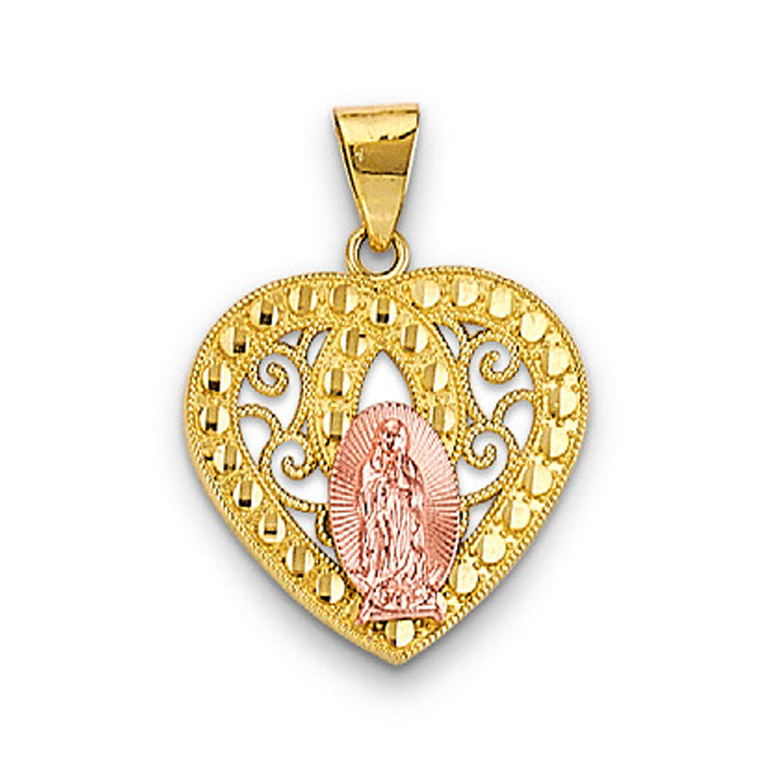 Two Tone Gold Heart Shaped Lady of Guadalupe Religious Pendant