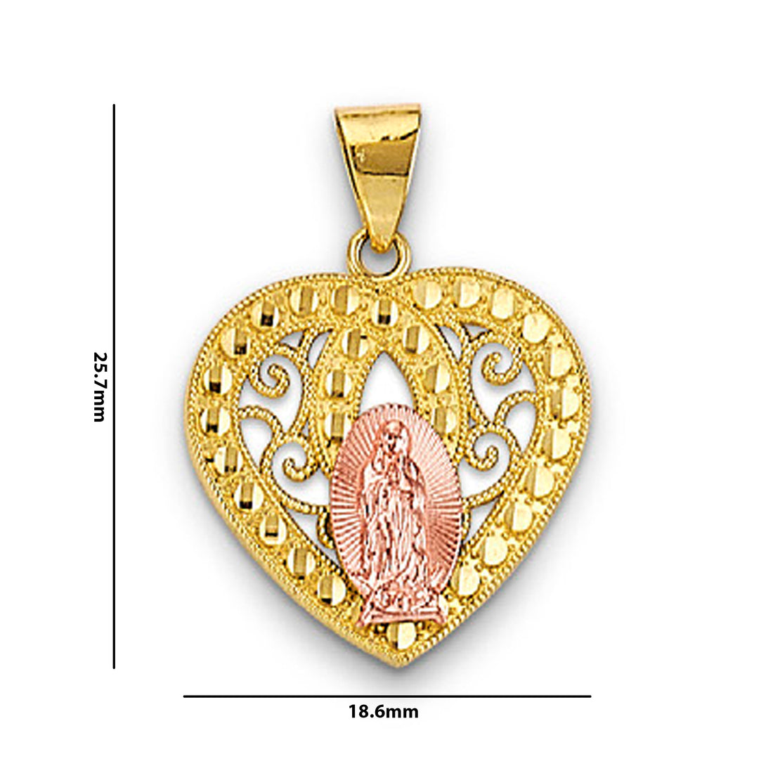 Two Tone Gold Heart Shaped Lady of Guadalupe Religious Pendant with Measurement