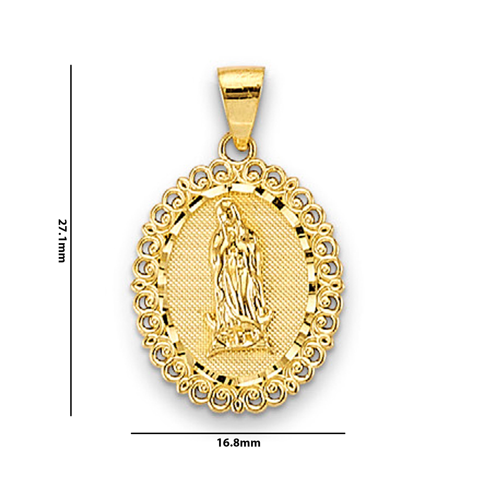 Yellow Gold Oval Shaped Lady of Guadalupe Pendant with Measurement