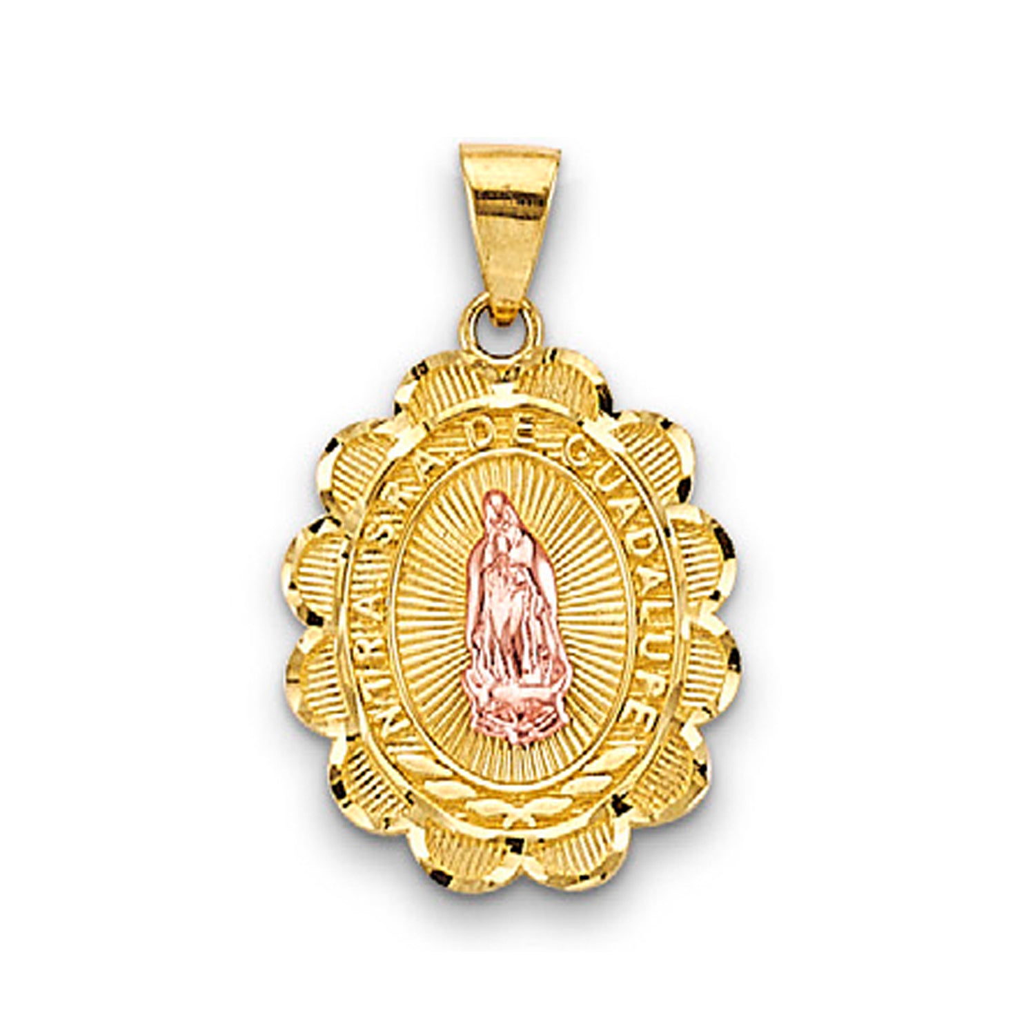 Two Tone Gold Scalloped Border Lady of Guadalupe Pendant