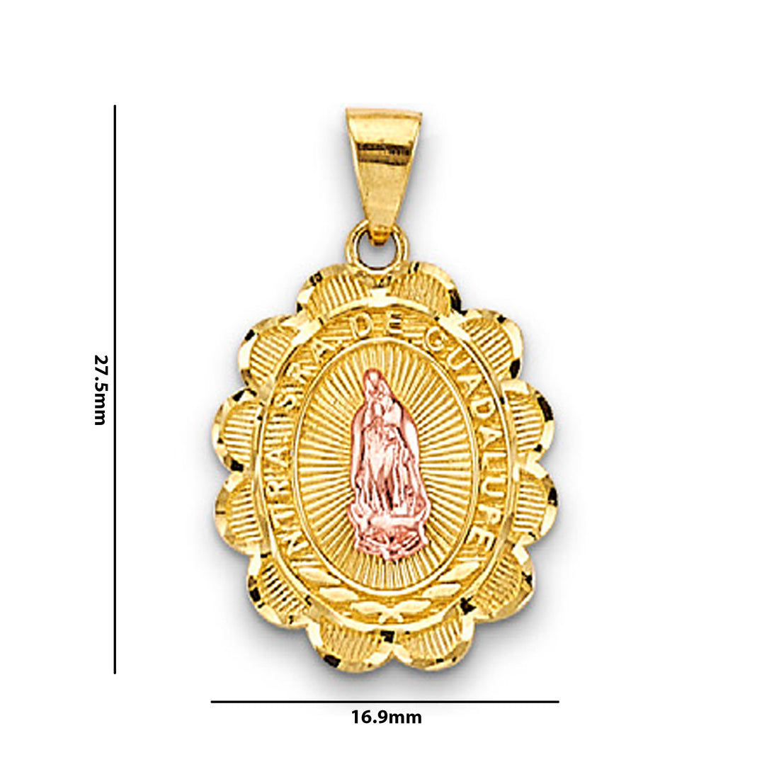 Two Tone Gold Scalloped Border Lady of Guadalupe Pendant with Measurement