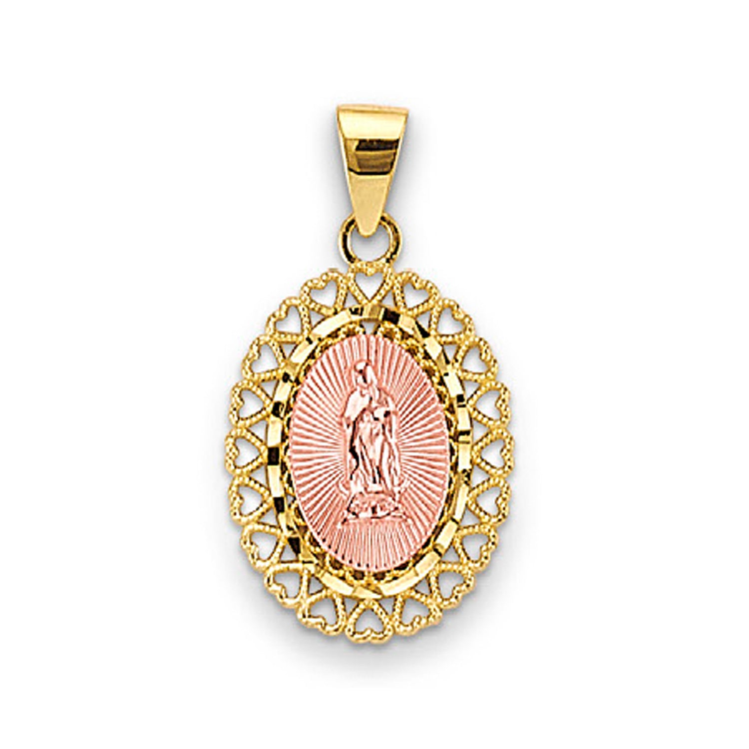 Two Tone Gold Heart Border Oval Shaped Lady of Guadalupe Pendant