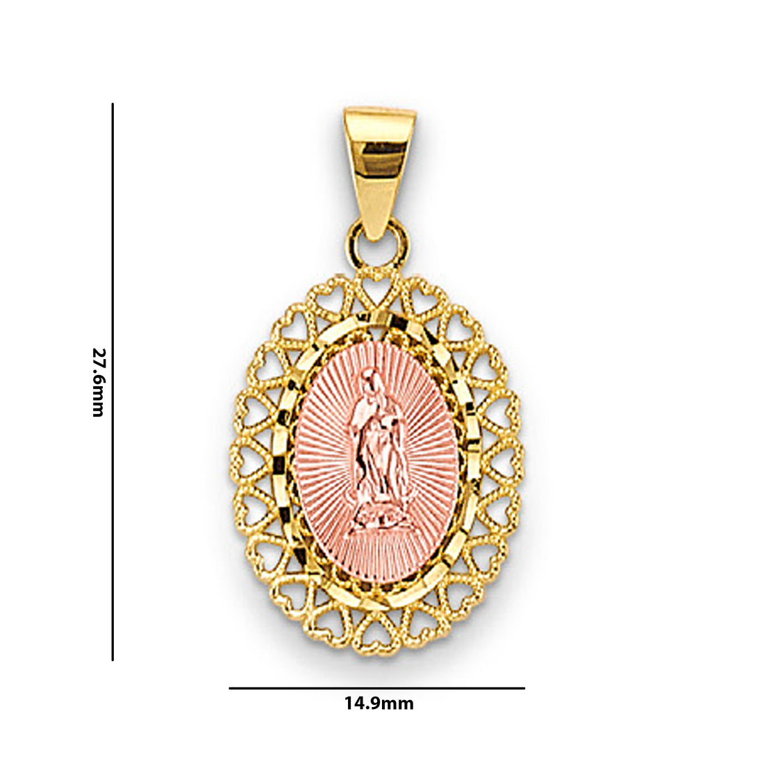 Two Tone Gold Heart Border Oval Shaped Lady of Guadalupe Pendant with Measurement