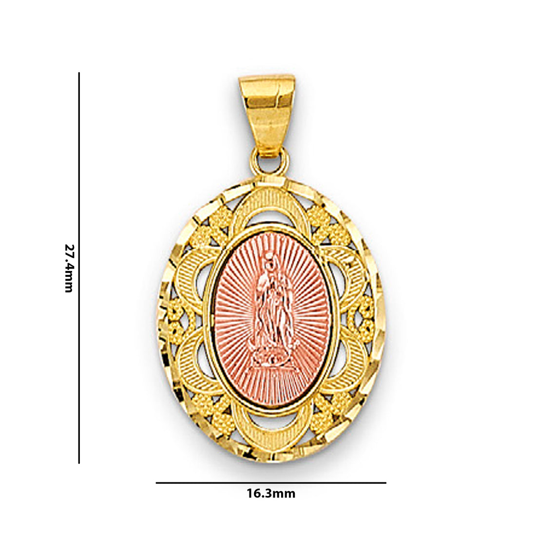 Two Tone Gold Oval Lady of Guadalupe Pendant with Measurement