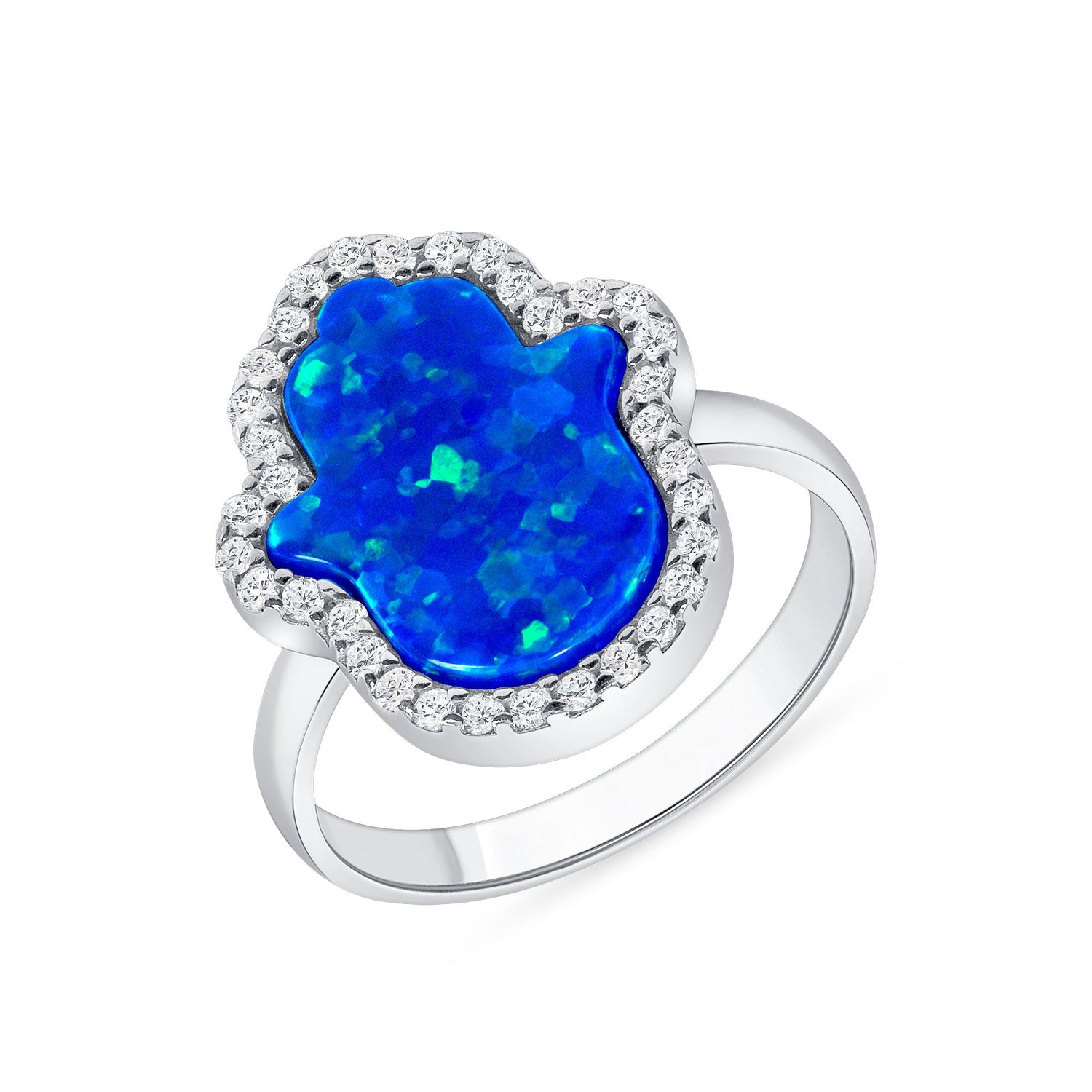 925 Sterling Silver Halo Treated Blue Opal and CZ Hamsa Fashion Ring