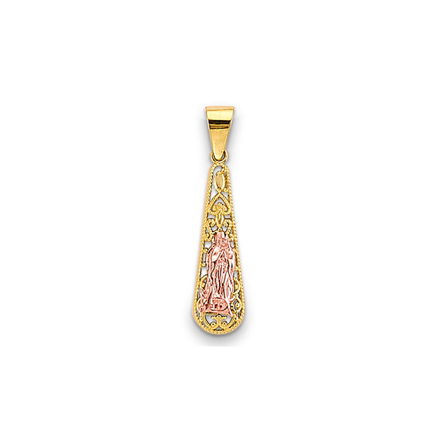 Two Tone Gold Elongated Teardrop Shaped Lady of Guadalupe Pendant