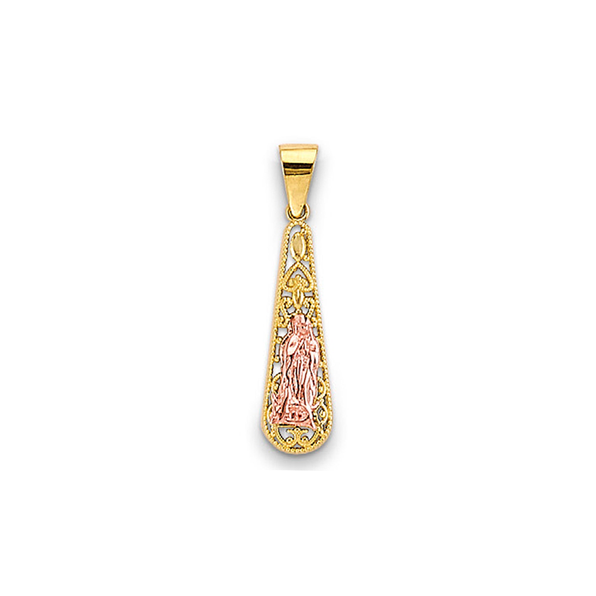 Two Tone Gold Elongated Teardrop Shaped Lady of Guadalupe Pendant