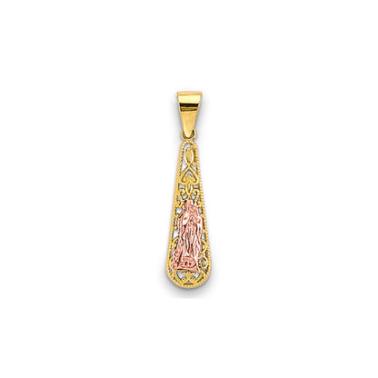 Two Tone Gold Elongated Teardrop Shaped Lady of Guadalupe Pendant