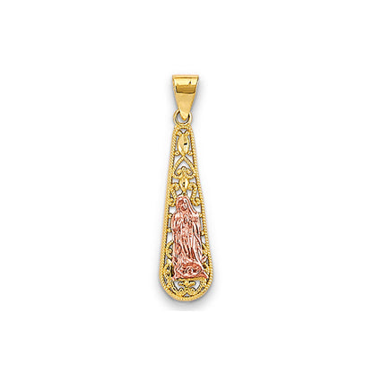 Two Tone Gold Elongated Teardrop Shaped Lady of Guadalupe Pendant