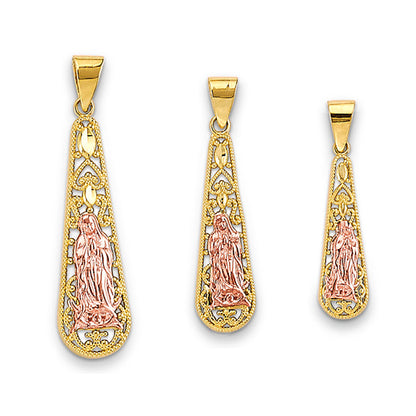 Two Tone Gold Elongated Teardrop Shaped Lady of Guadalupe Pendant