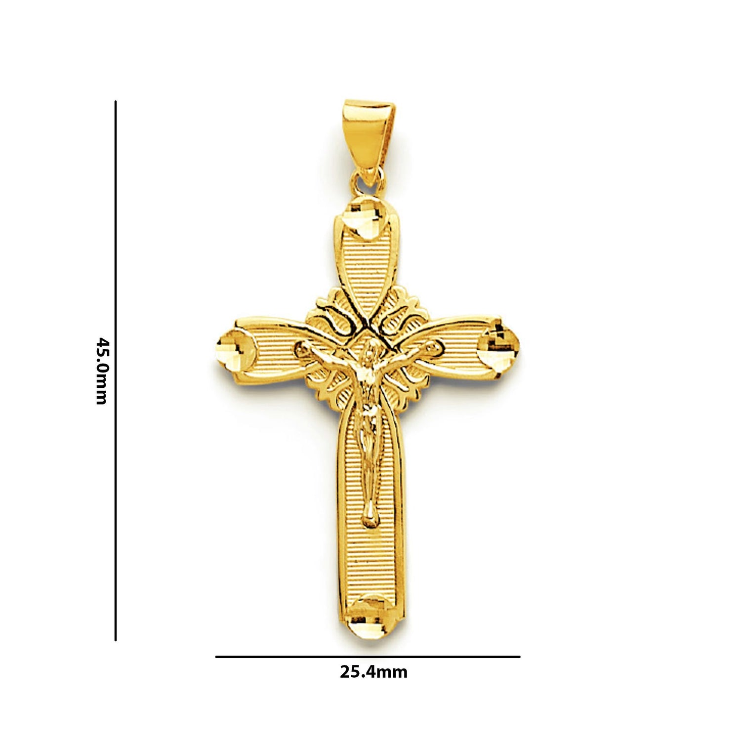 Yellow Gold Rounded Outline Ribbed Crucifix Cross &amp; Diamond Cut Ends Pendant with Measurement