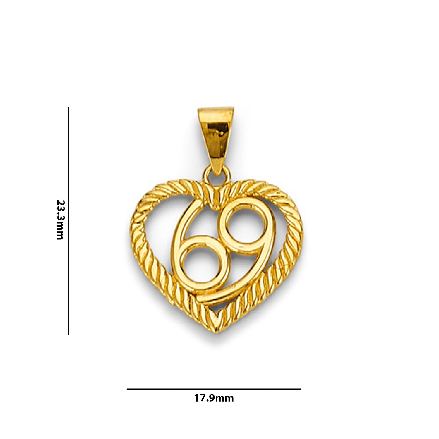 Yellow Gold Rope Open Heart Cancer Zodiac Pendant with Measurement