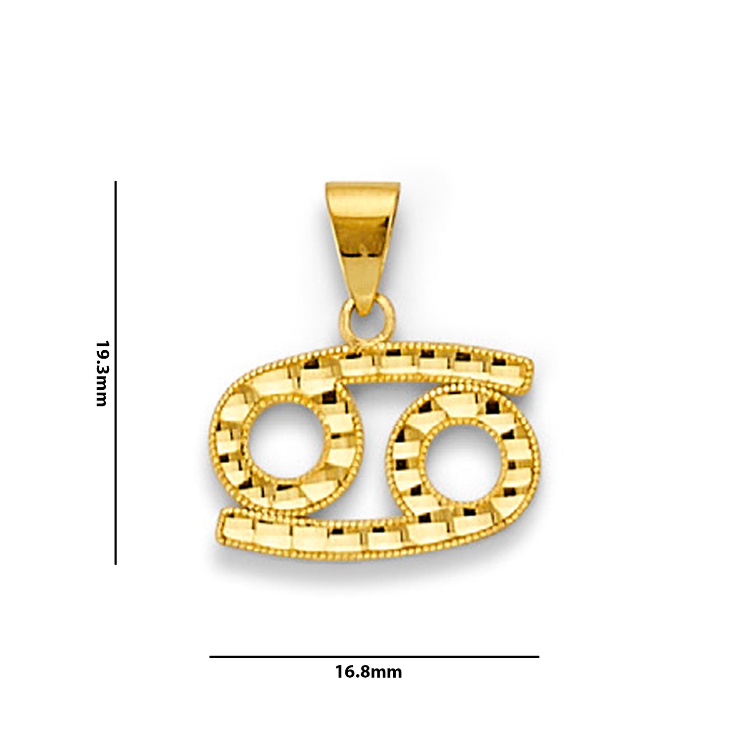 Yellow Gold Minimalistic Cancer Zodiac Pendant with Measurement