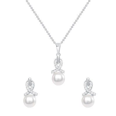 925 Sterling Silver Pearl with CZ Ribbon Teardrop Pendant &amp; Earrings Jewelry Set