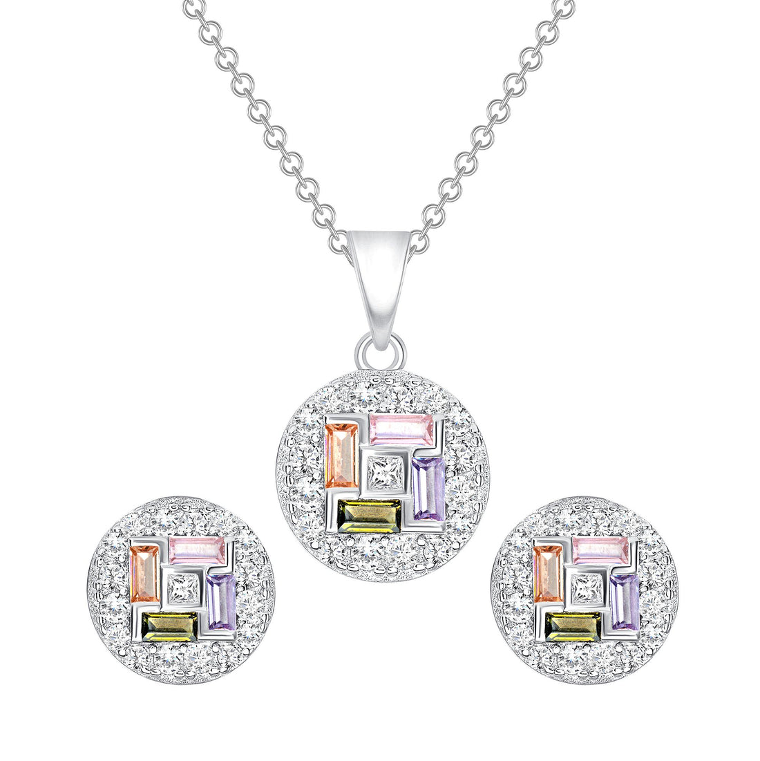 925 Sterling Silver Multicolor Baguette Cut CZ &amp; Pavé CZ Mosaic Pendant &amp; Stud Earrings Jewelry Set